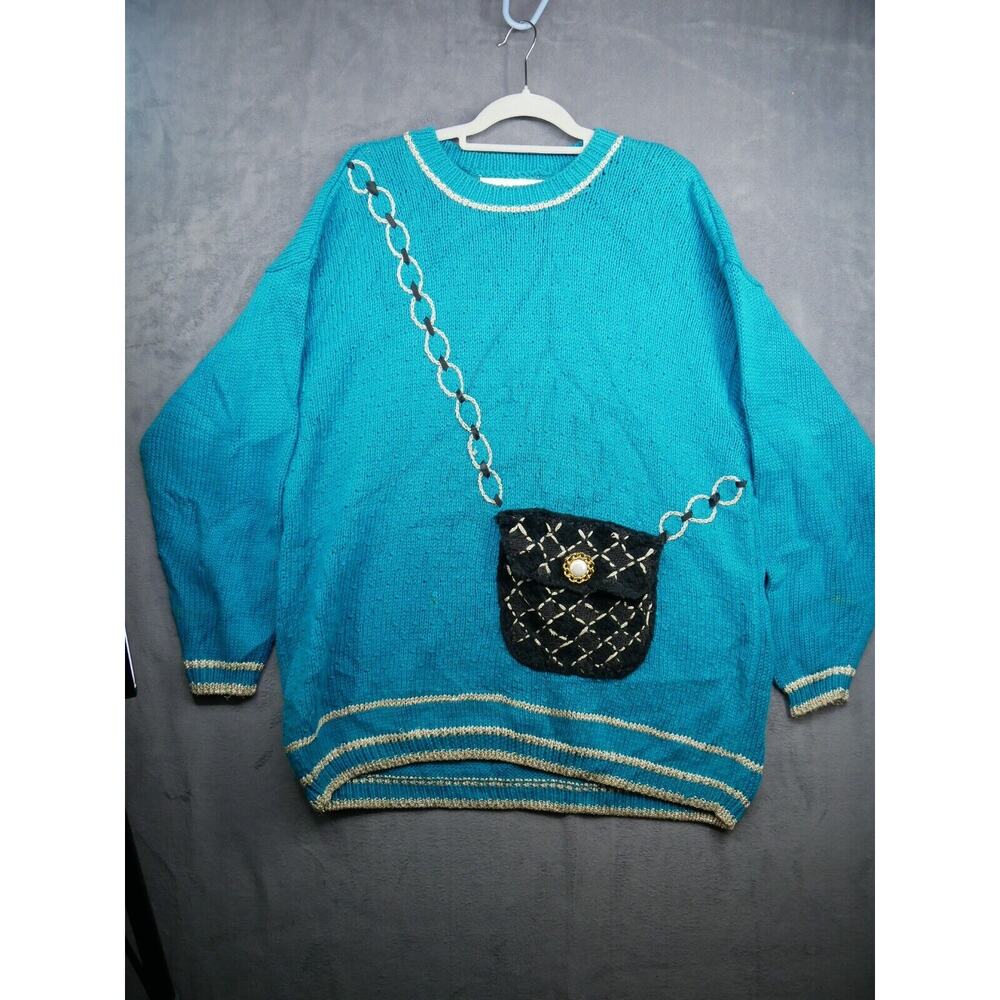 Vintage Chaus Sweater Women’s size 2X Blue Knit Purse Pocket Long Sleeve - Picture 1 of 12